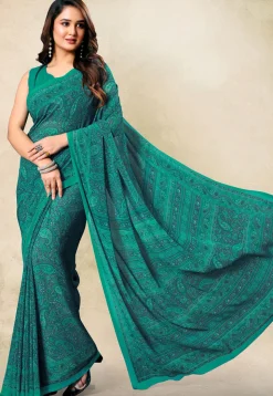 Digital Printed Georgette Saree in Teal Green
