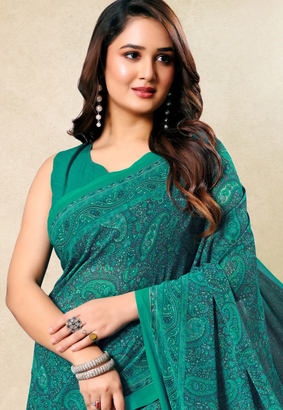 Digital Printed Georgette Saree in Teal Green