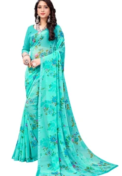 Digital Printed Georgette Saree in Sea Green