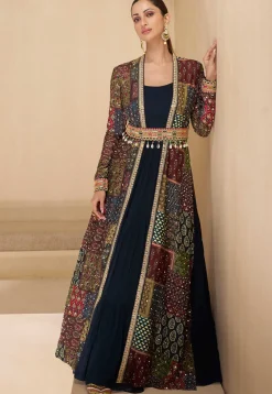 Digital Printed Georgette Gown in Navy Blue