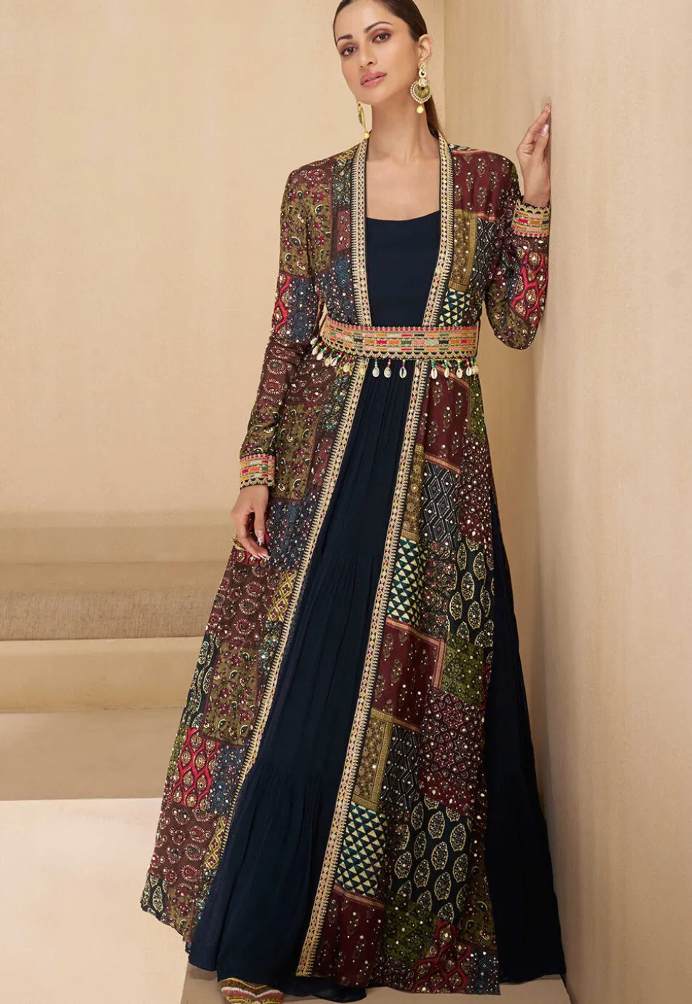 Digital Printed Georgette Gown in Navy Blue