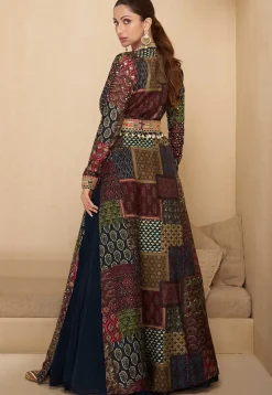 Digital Printed Georgette Gown in Navy Blue