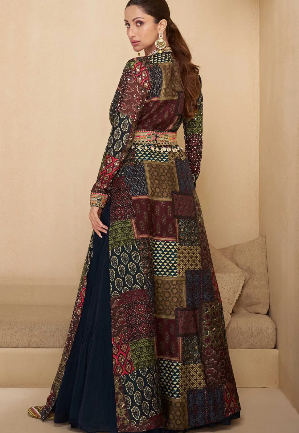 Digital Printed Georgette Gown in Navy Blue