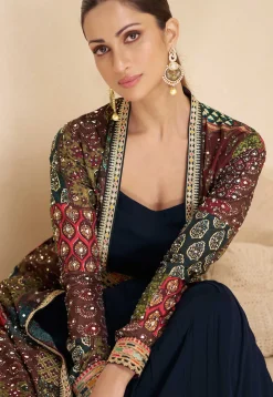Digital Printed Georgette Gown in Navy Blue