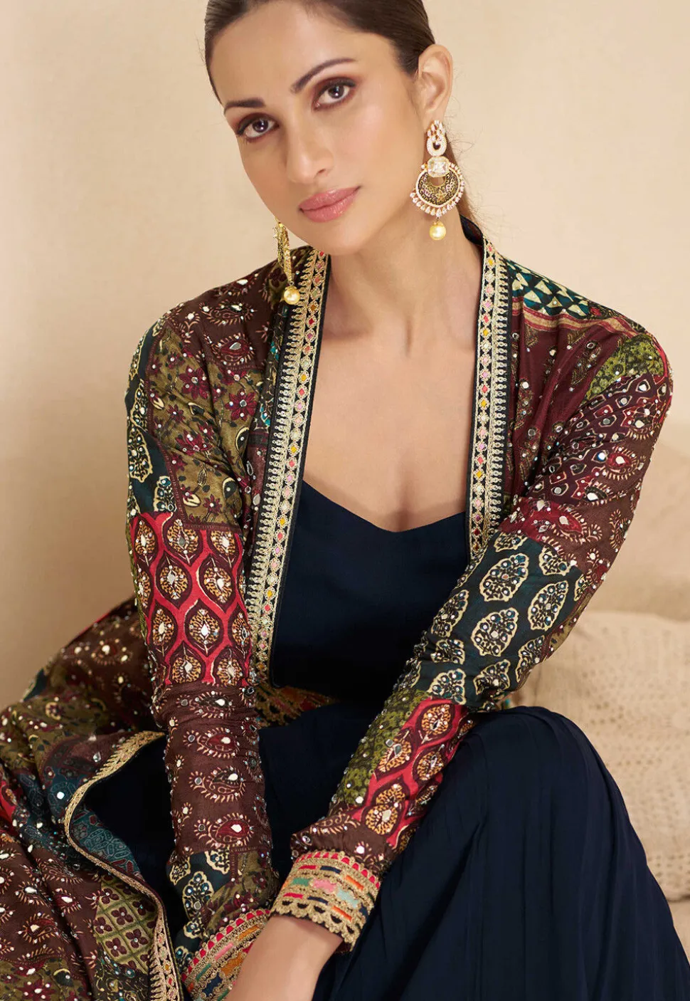 Digital Printed Georgette Gown in Navy Blue