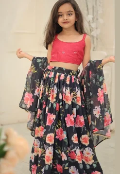 Digital Printed Georgette Lehenga in Black