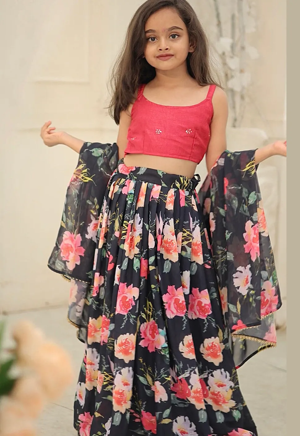 Digital Printed Georgette Lehenga in Black
