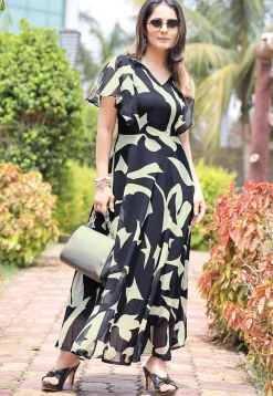 Digital Printed Georgette Maxi Dress in Black and Beige
