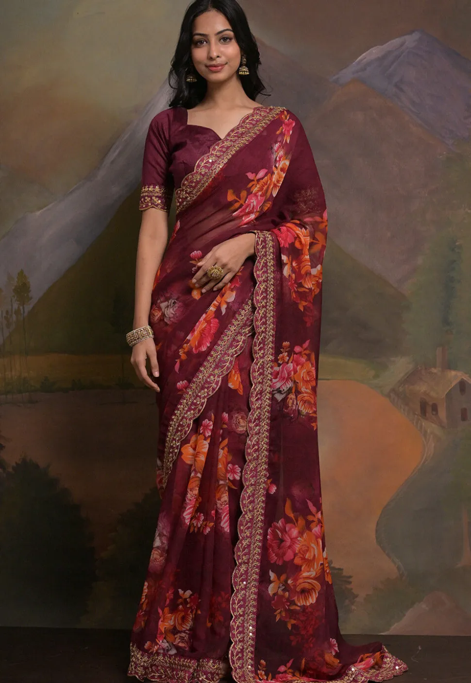 Digital Printed Georgette Scalloped Saree in Wine
