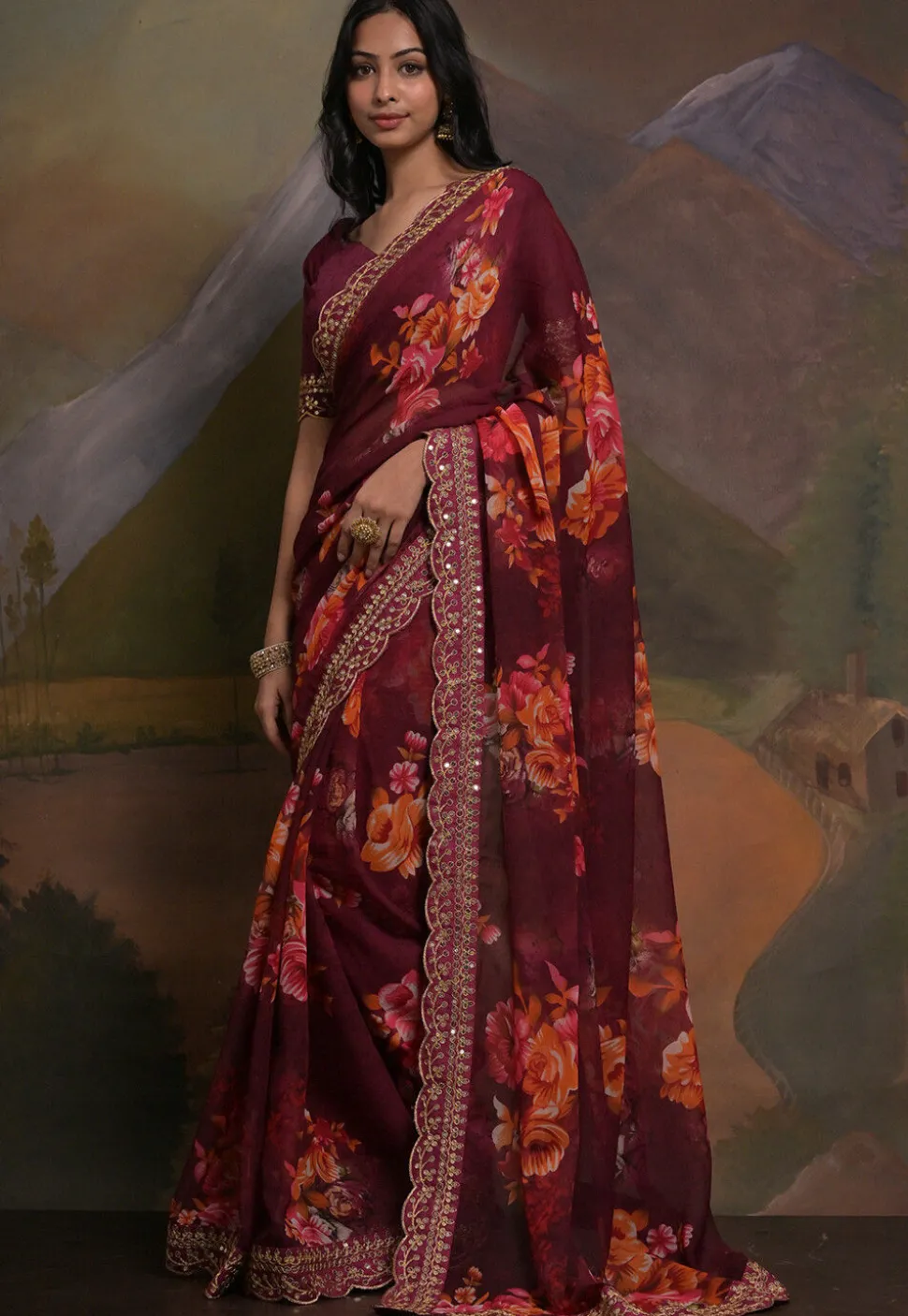 Digital Printed Georgette Scalloped Saree in Wine