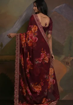 Digital Printed Georgette Scalloped Saree in Wine