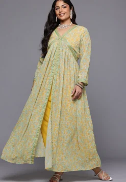 Digital Printed Georgette Front Slit Kurta Set in Yellow