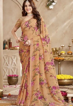 Digital Printed Georgette Saree in Beige
