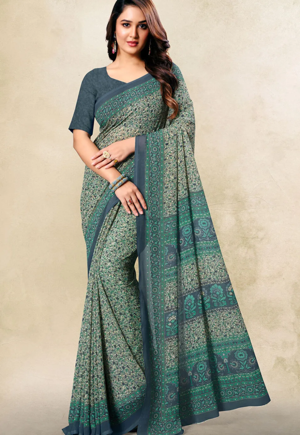 Digital Printed Georgette Saree in Cream and Blue