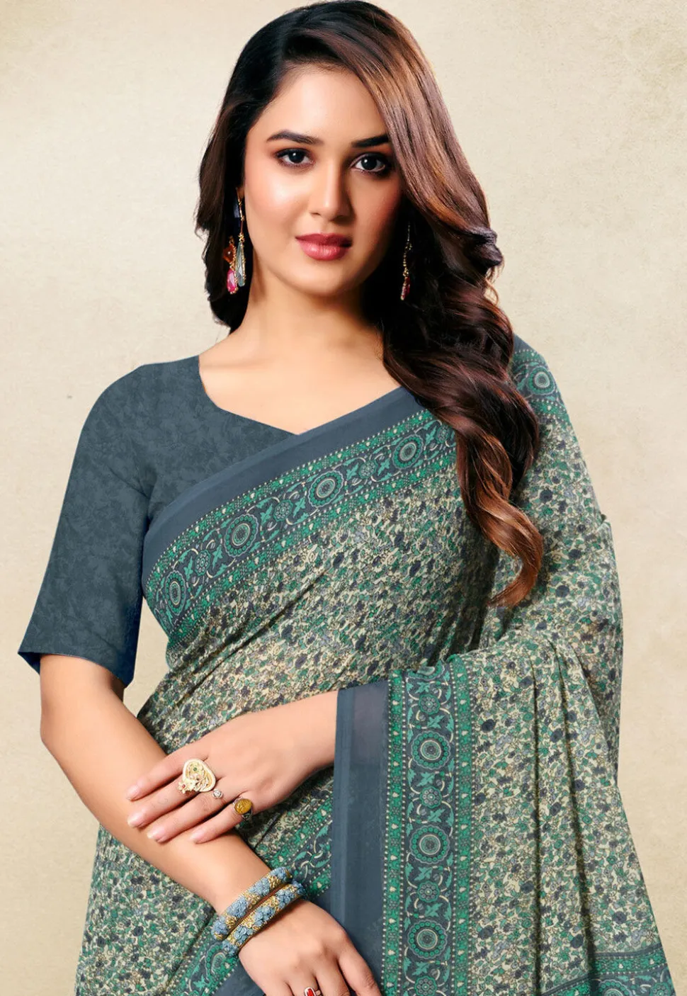 Digital Printed Georgette Saree in Cream and Blue