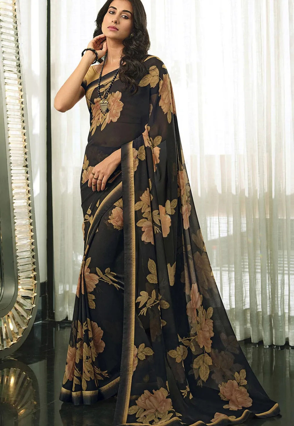 Digital Printed Georgette Saree in Black