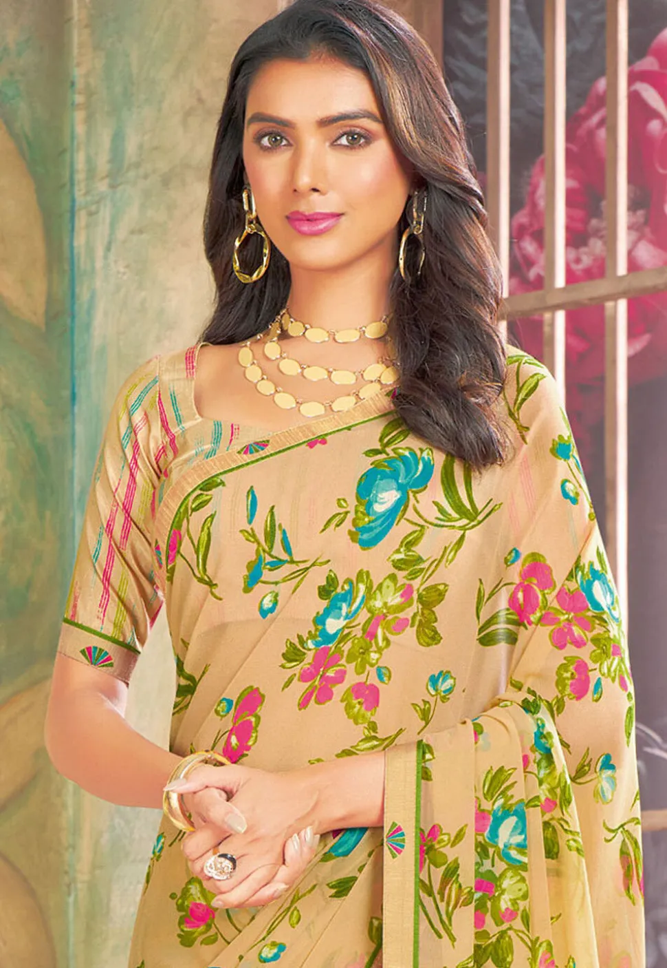 Digital Printed Georgette Saree in Beige