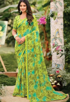 Digital Printed Georgette Saree in Light Green