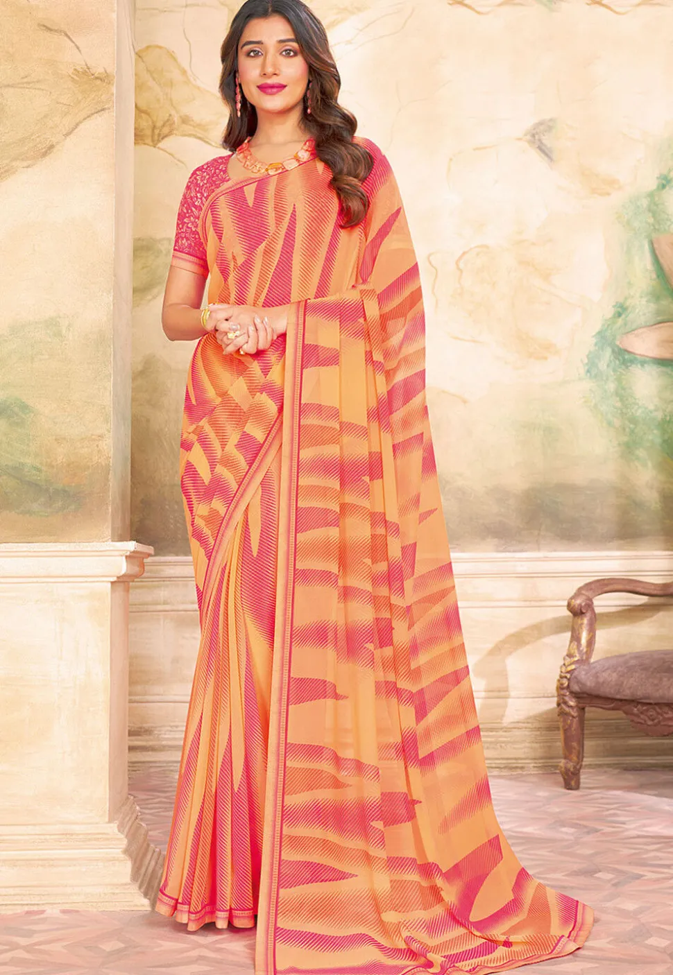 Digital Printed Georgette Saree in Orange