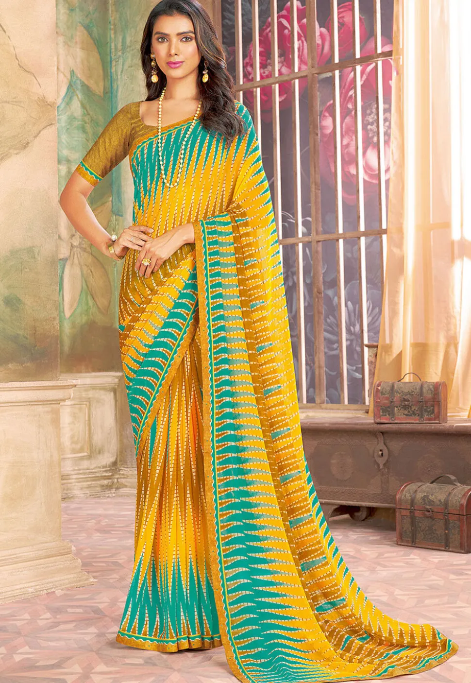 Digital Printed Georgette Saree in Mustard