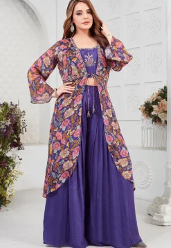 Digital Printed Georgette Crop Top Set in Purple