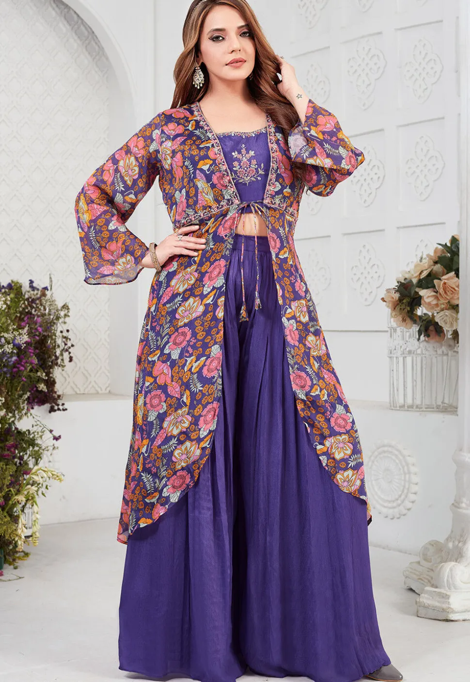 Digital Printed Georgette Crop Top Set in Purple