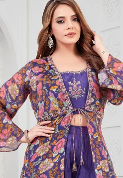 Digital Printed Georgette Crop Top Set in Purple