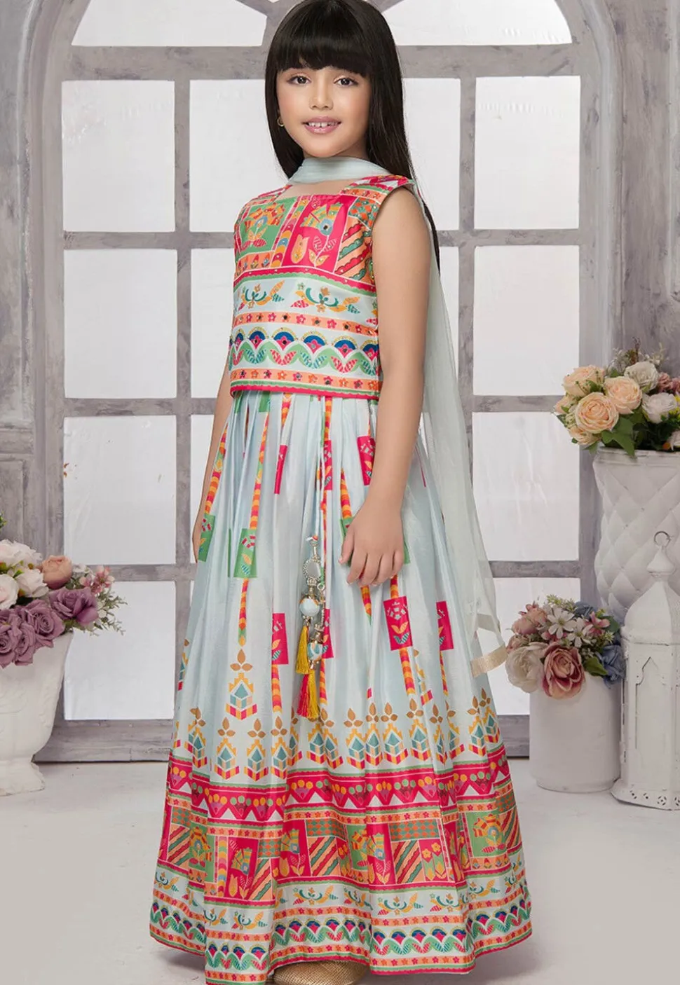 Digital Printed Georgette Lehenga in Pastel Green