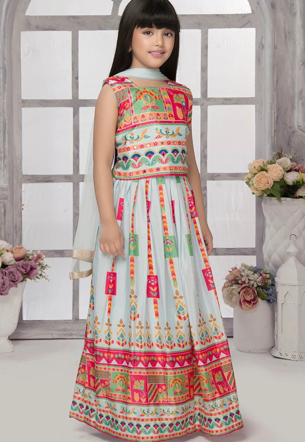 Digital Printed Georgette Lehenga in Pastel Green