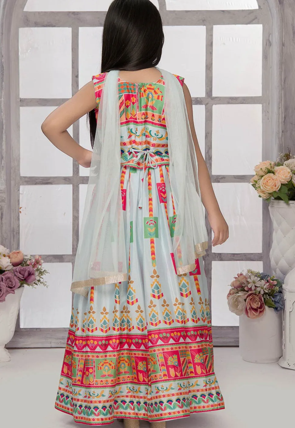 Digital Printed Georgette Lehenga in Pastel Green