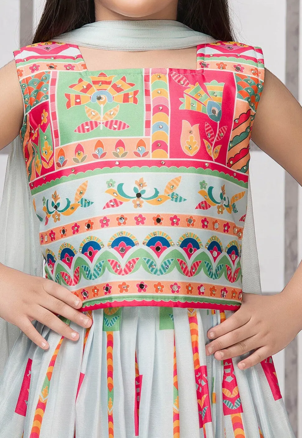 Digital Printed Georgette Lehenga in Pastel Green