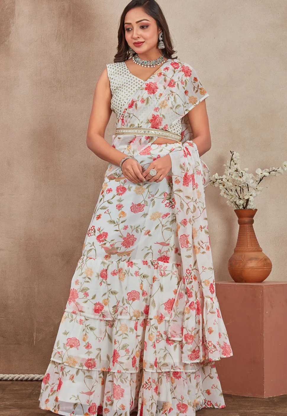 Digital Printed Georgette Lehenga in Off White
