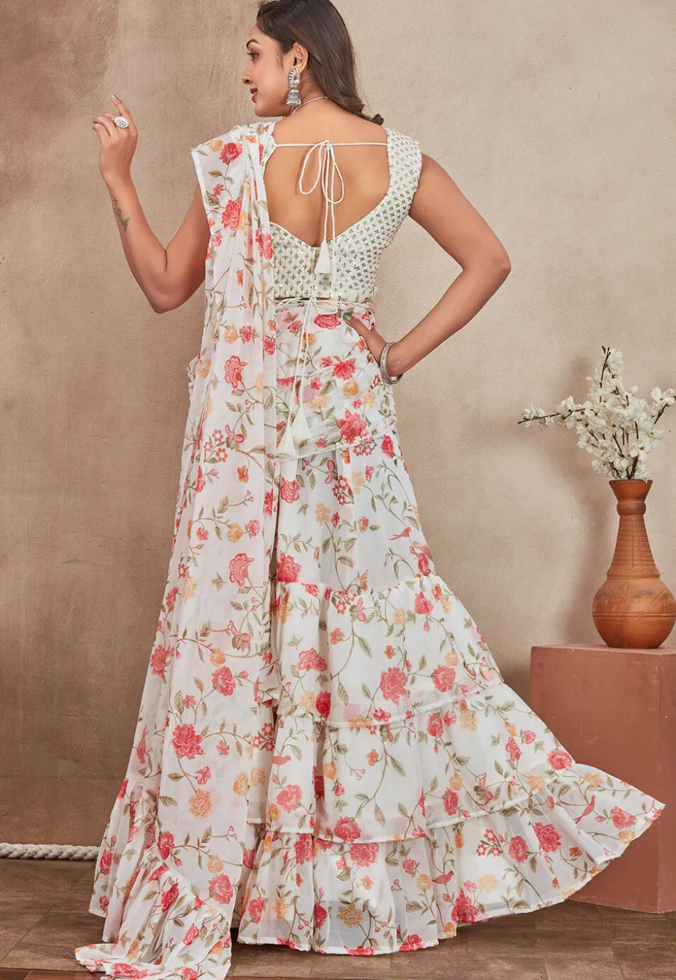 Digital Printed Georgette Lehenga in Off White