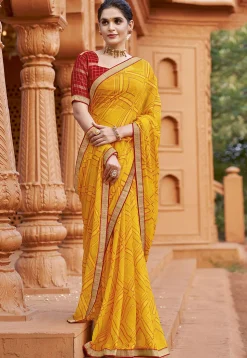 Digital Printed Georgette Saree in Yellow