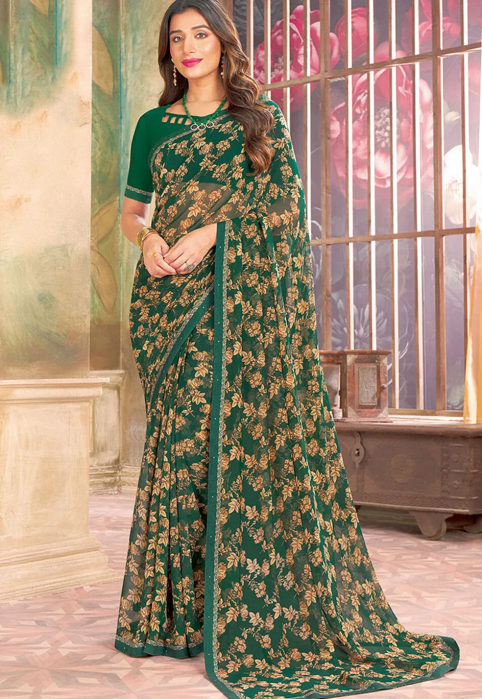 Digital Printed Georgette Saree in Green