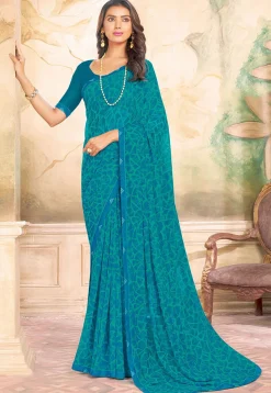 Digital Printed Georgette Saree in Teal Blue