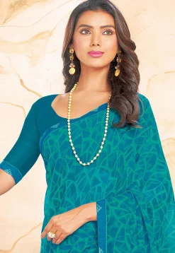 Digital Printed Georgette Saree in Teal Blue