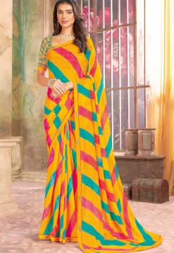 Digital Printed Georgette Saree in Mustard