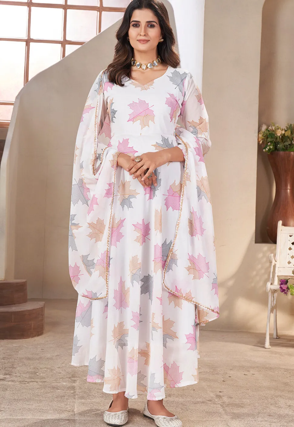 Digital Printed Georgette A Line Suit in Off White