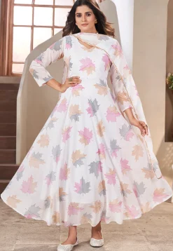 Digital Printed Georgette A Line Suit in Off White