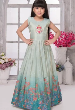 Digital Printed Georgette Gown in Sea Green