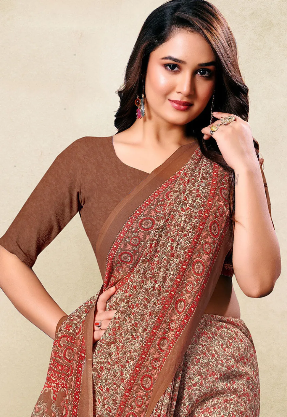 Digital Printed Georgette Saree in Cream and Brown