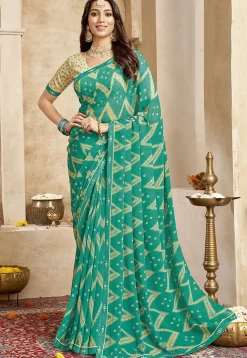 Digital Printed Georgette Saree in Teal Green