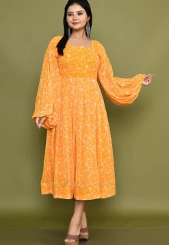 Digital Printed Georgette A Line Dress in Orange