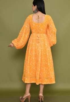 Digital Printed Georgette A Line Dress in Orange