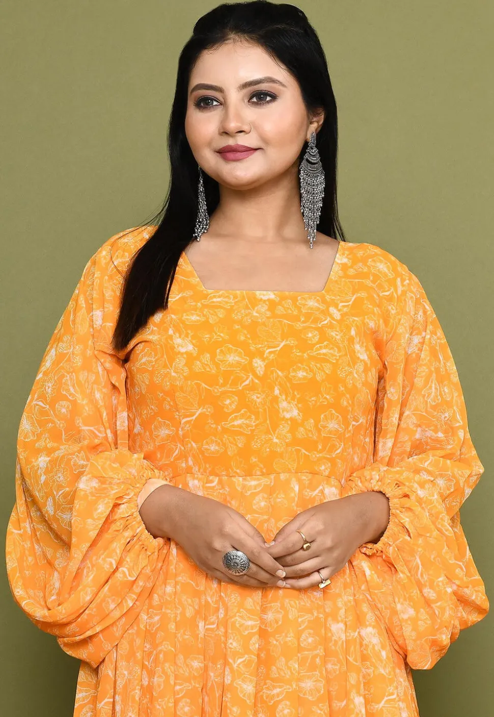 Digital Printed Georgette A Line Dress in Orange