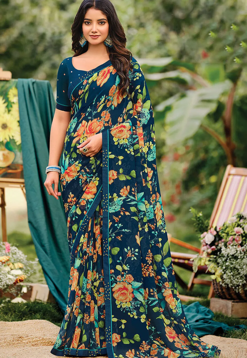 Digital Printed Georgette Saree in Teal Blue