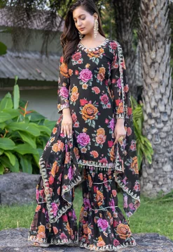 Digital Printed Georgette Scalloped Pakistani Suit in Black