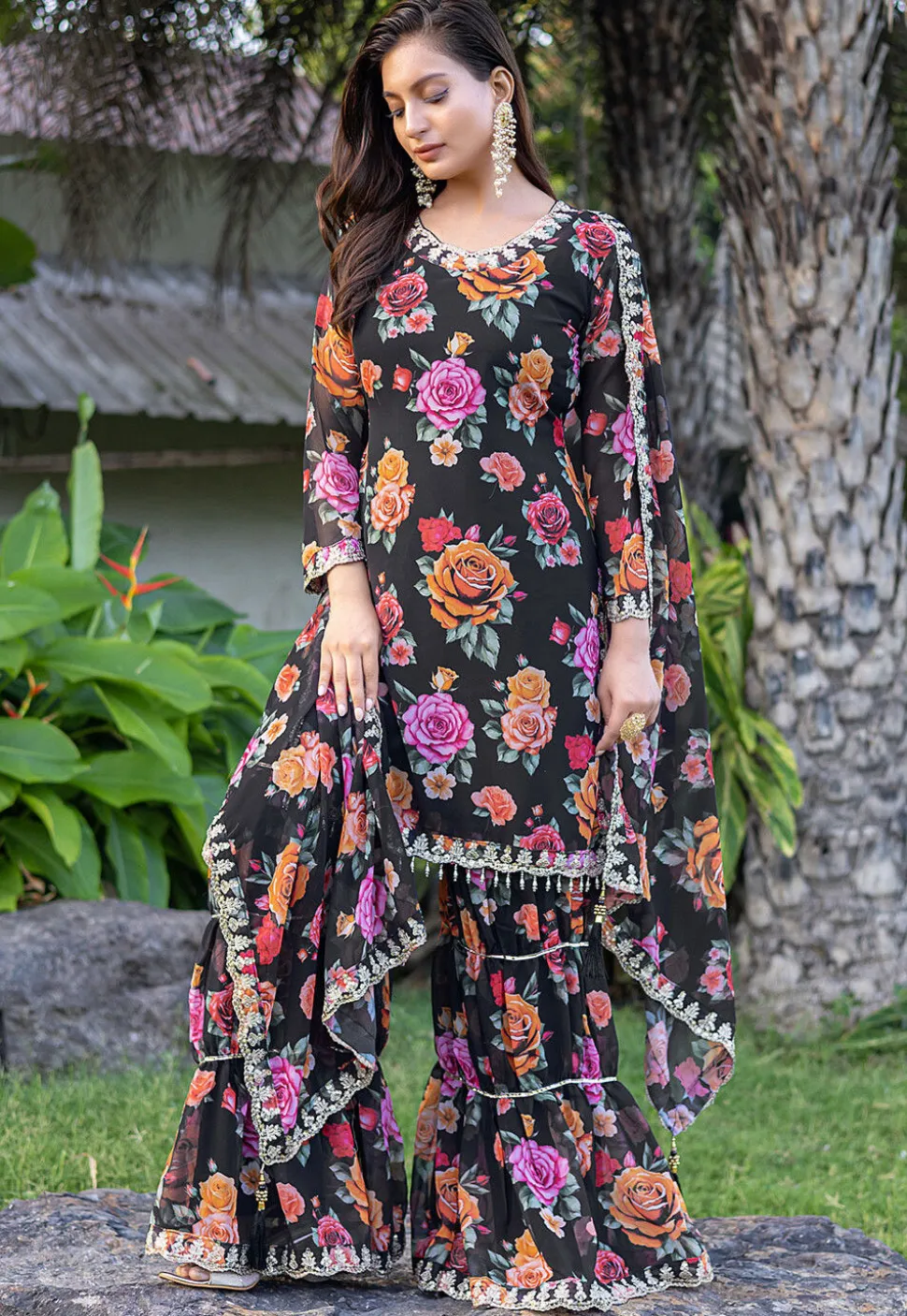 Digital Printed Georgette Scalloped Pakistani Suit in Black