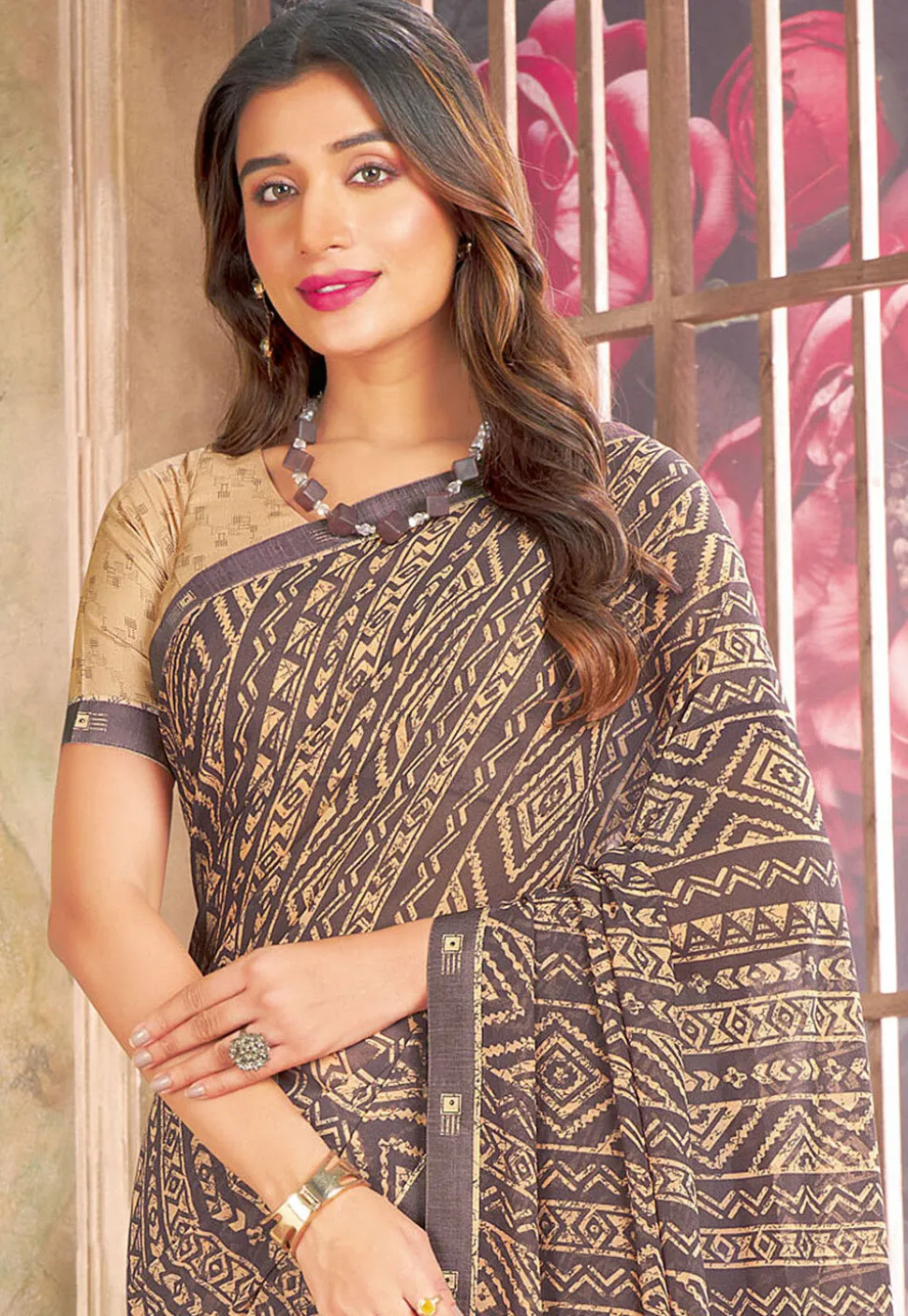 Digital Printed Georgette Saree in Brown